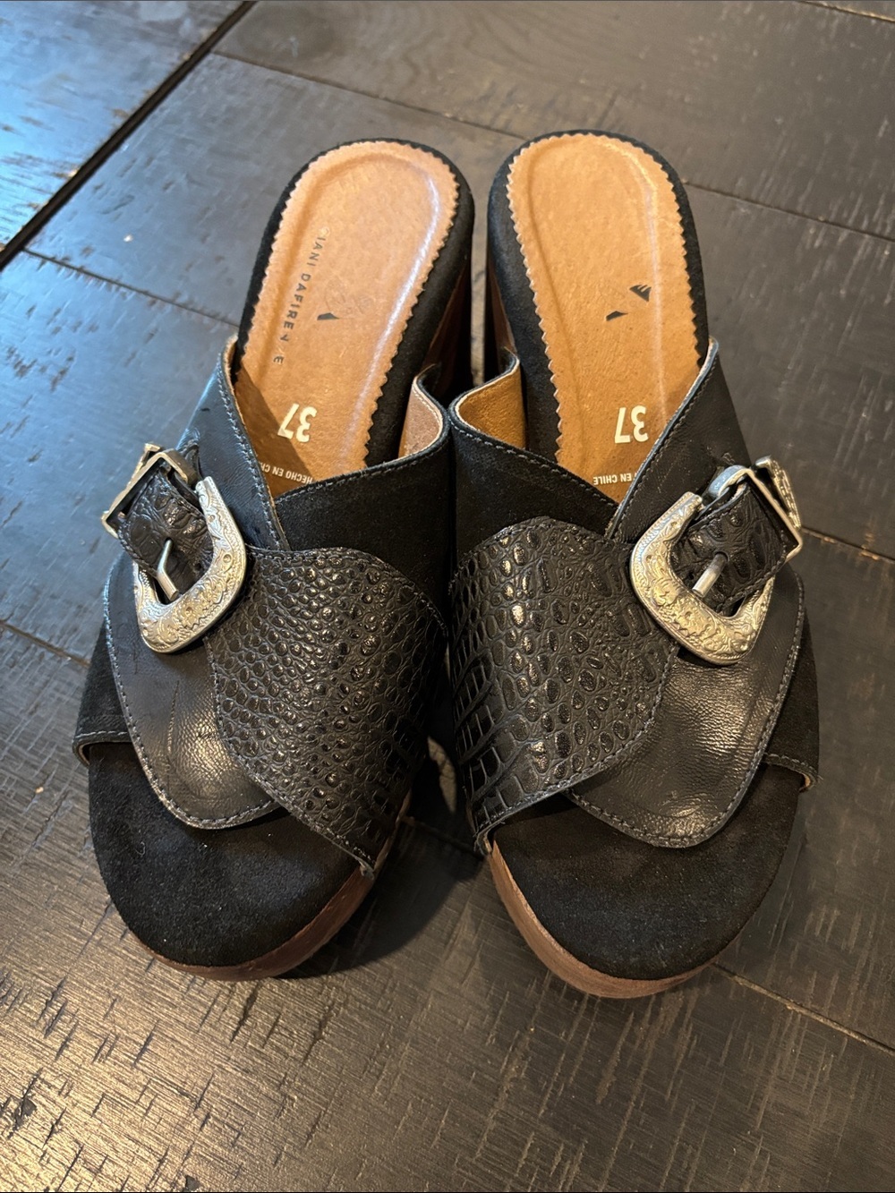 Unique Leather Black Slip-On Buckle Studded Mules Wood Chunky Shoes 6 1/2